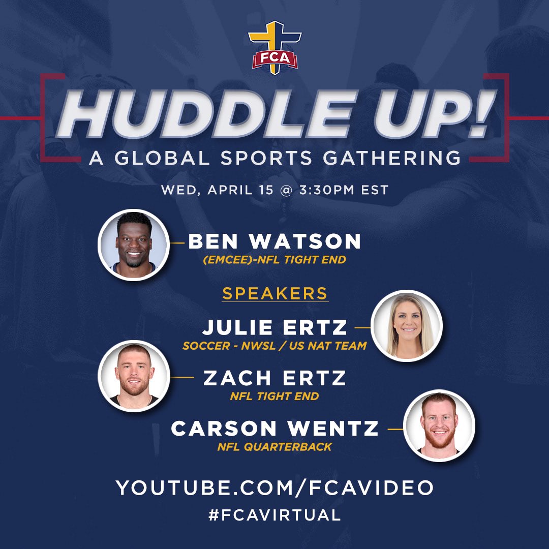 FCA Global HUDDLE UP!! TODAY @ 2:30 Texas time!! <a href="/ZERTZ_86/">Zach Ertz</a> <a href="/julieertz/">Julie Ertz</a> <a href="/cj_wentz/">Carson Wentz</a> on today’s interview! #FCAVirtual