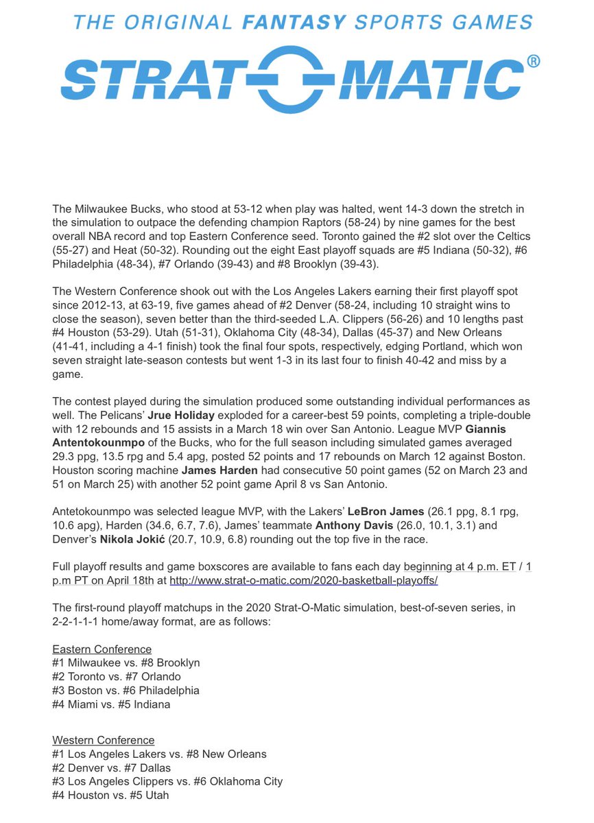 The game of my youth —  @StratOMatic — has simulated the remaining 20 percent of the NBA’s regular season and will begin simulating playoff games on Saturday (when the actual playoffs were supposed to start). Details here 