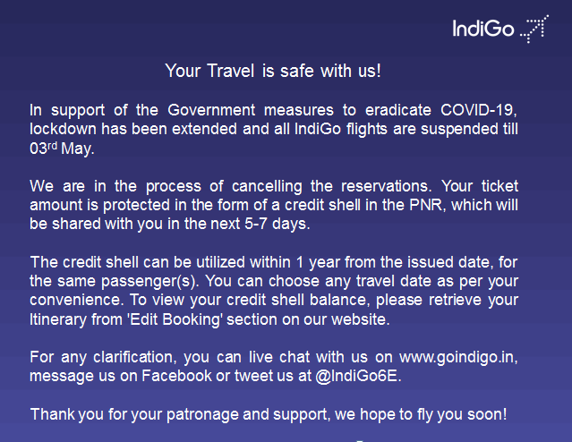 Now see the audacity of this airline, Instead of returning the money they launch the credit shell with a validity of 1 year. Now if you see this is cheating on multiple levels. Level 1) You are actually holding the money until one makes up his mind to use the credit shell.