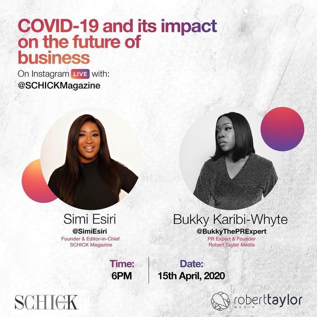 In less than 30 minutes, join our Founder and CEO, @bukkykw and Founder <a href="/SCHICKmagazine/">SCHICK</a> <a href="/SimiEsiri/">Simi Esiri</a> as they discuss the "Impact of Covid-19 on the future of business."
instagram.com/bukkytheprexpe…