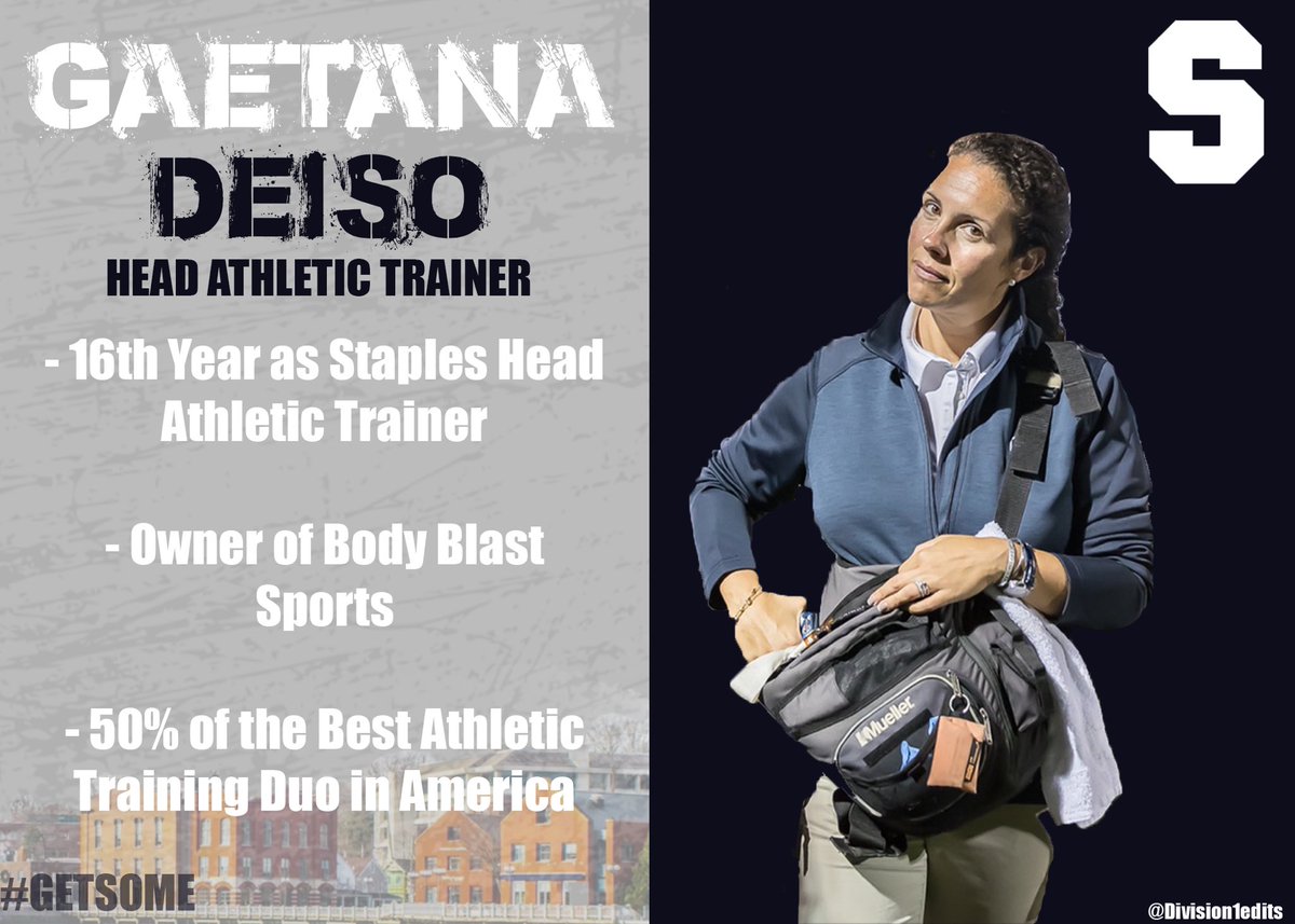 StaplesFootbal1's tweet photo. MEET THE COACHES:

Gaetana “G” Deiso returns for her 16th season as Head Athletic Trainer at Staples High School. G is a Certified Functional Strength Coach. She is the owner of Body Blast Sports Performance. G is a STAPLE in the Wreckers program!!
⚒⚒⚒
#RollWreckers #cthsfb https://t.co/z1eZe15Oxh