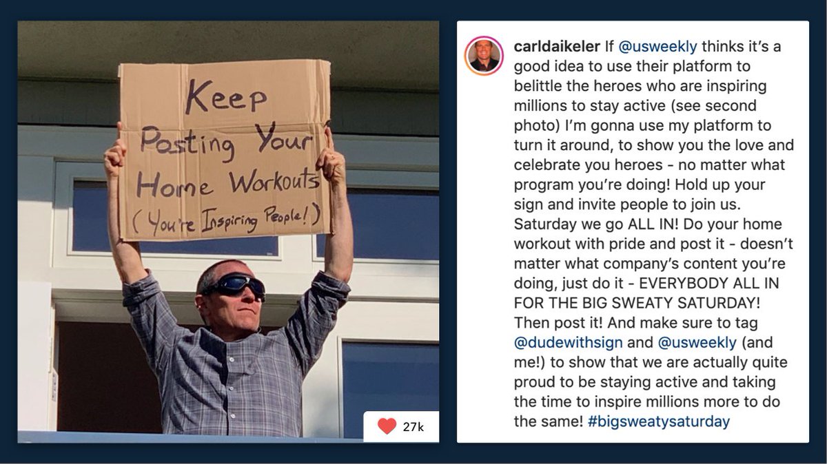 2/ Beachbody is a home workout company.Their CEO, Carl Daikeler, responds with his own sign, “keep posting your home workouts (you're inspiring people)”.Carl then rallies his followers to hold up their own signs on Saturday: