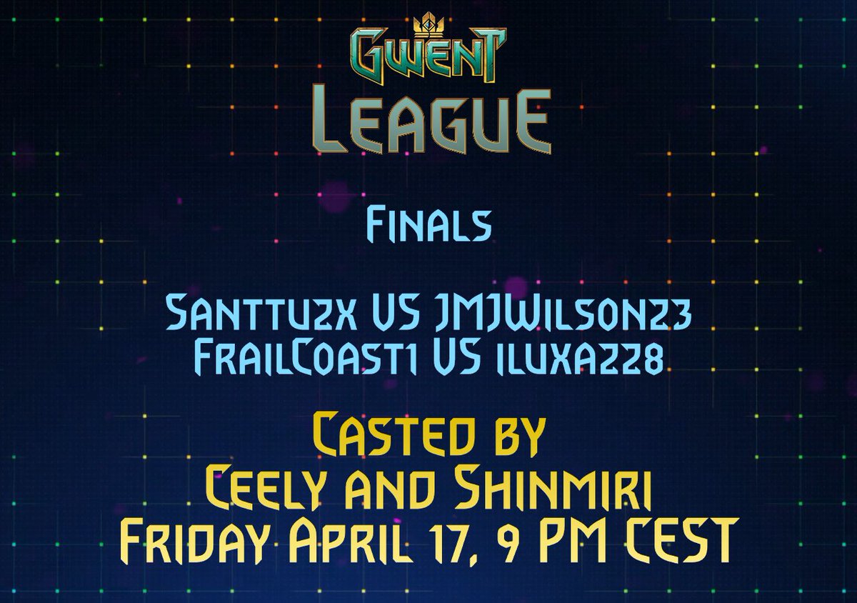 GWENTLeague's tweet photo. Come watch the Gwent League season 9 playoffs finals, casted by @ceelytwitch and @shinmiri2 Friday at 9pm CEST on https://t.co/qTN75XVenC ! The finalists' decks are available at https://t.co/hmN67BXvfF. https://t.co/uZAJnOW5DD