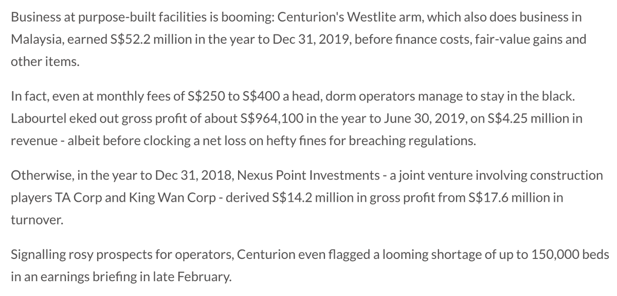 Analysts think that after  #COVID19 regulations will probably be tightened further. (As. They. Should.) But wow, it hadn’t fully sunk in before how lucrative a business running a dormitory in  #Singapore is.  https://www.singaporelawwatch.sg/Headlines/covid-19-will-shake-up-dorm-market-for-workers-analysts