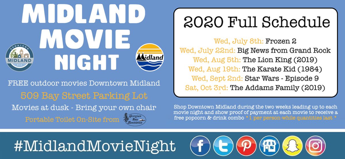 Here's something to look forward to during these strange times. Mark your calendars 🗓 because the 2020 #MidlandMovieNight schedule is here! 🍿 🎥

LEARN MORE: downtownmidland.ca

* Dates will be rescheduled due to COVID-19 if required *