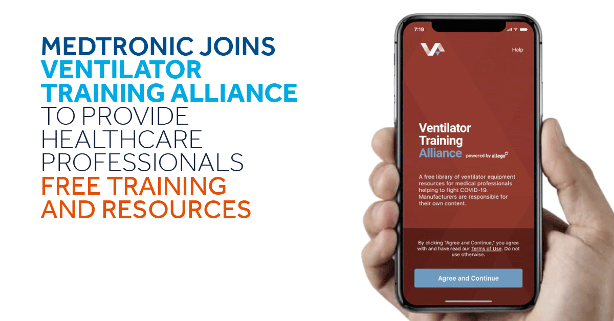 Medtronic's tweet photo. Proud to join global #ventilator manufacturers to create the Ventilator Training Alliance aiming to provide healthcare professionals instant access to critical training info for ventilators using a mobile app powered by @allegosoftware. #HelpingHeroes https://t.co/rn5ItMfffR https://t.co/vXhKyGXGHJ