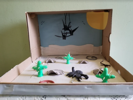 MsSokolowskiIn5's tweet photo. Students finished their Animal Research Projects and dioramas! Tomorrow they will share what they learned about their animals, virtually! These show the habitats of a chimpanzee, a stink bug, a scorpion, and a cheetah! @LongfieldsTAG https://t.co/XaH66de2uu
