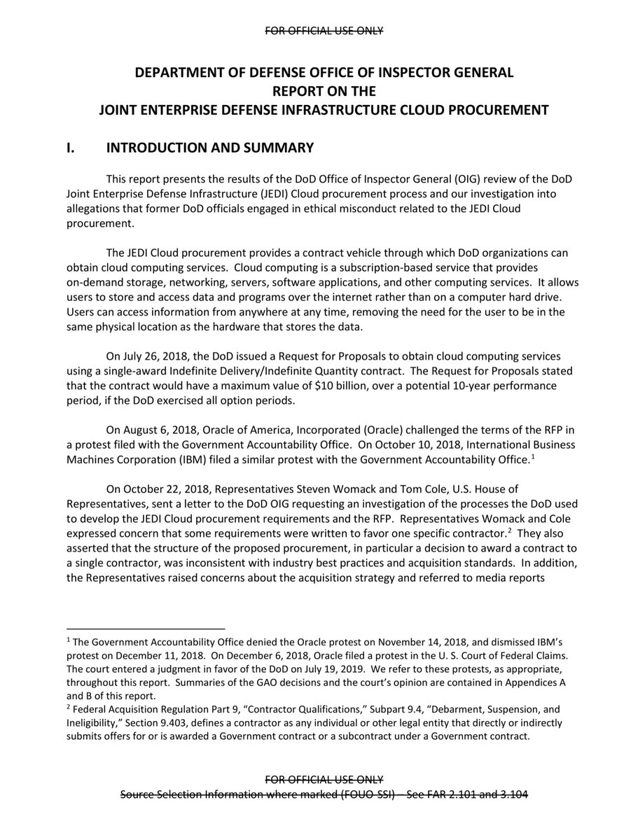 STRAIGHT TO JAIL“DoD improperly disclosed source selection.. proprietary Microsoft information to Amazon..DoD failed to properly redact names of DoD source selection team members in the source selection reports that were disclosed to Amazon and Microsoft” https://media.defense.gov/2020/Apr/15/2002281438/-1/-1/1/REPORT%20ON%20THE%20JOINT%20ENTERPRISE%20DEFENSE%20INFRASTRUCTURE%20(JEDI)%20CLOUD%20PROCUREMENT%20DODIG-2020-079.PDF