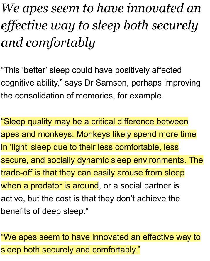Platforms allow great apes to get more deep sleep. Other monkeys do a lot of light sleeping, since they need to listen for predators even when they're sleeping.
