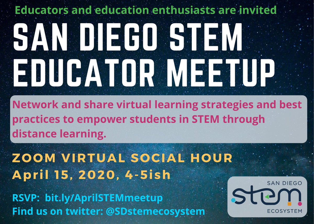 Nhu Tran (@nhu_sd) on Twitter photo Educators: Looking for some inspiration and help with distance learning? Join the <a href="/SDstemecosystem/">San Diego STEM Ecosystem</a> today at 4PM a meetup to network, share resources and get some #WednesdayWisdom. Educators: Looking for some inspiration and help with distance learning? Join the <a href="/SDstemecosystem/">San Diego STEM Ecosystem</a> today at 4PM a meetup to network, share resources and get some #WednesdayWisdom.