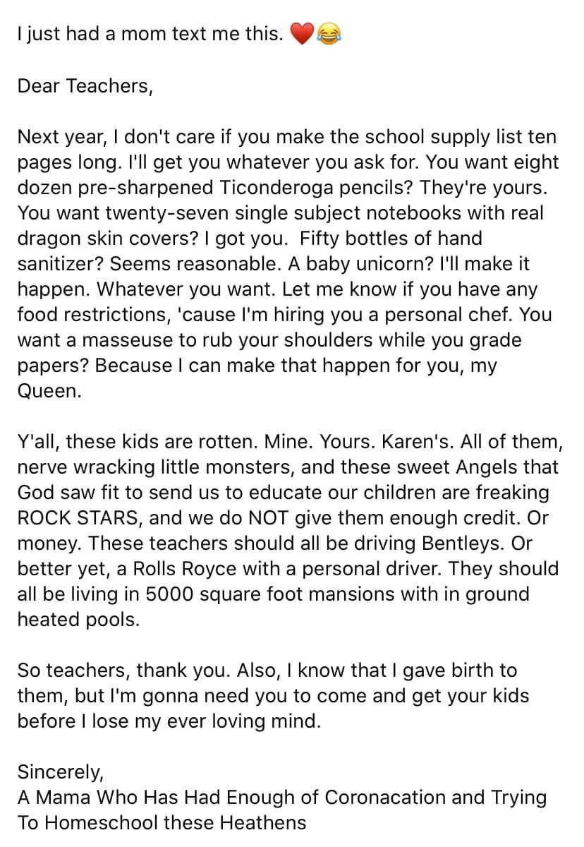 This cracked me up! 
Missing the children so much 🥰 but hopefully one positive to come out of this is appreciation of the hard work and dedication of teachers all over the world. 
Side note: I’ll take a baby unicorn please! 🦄