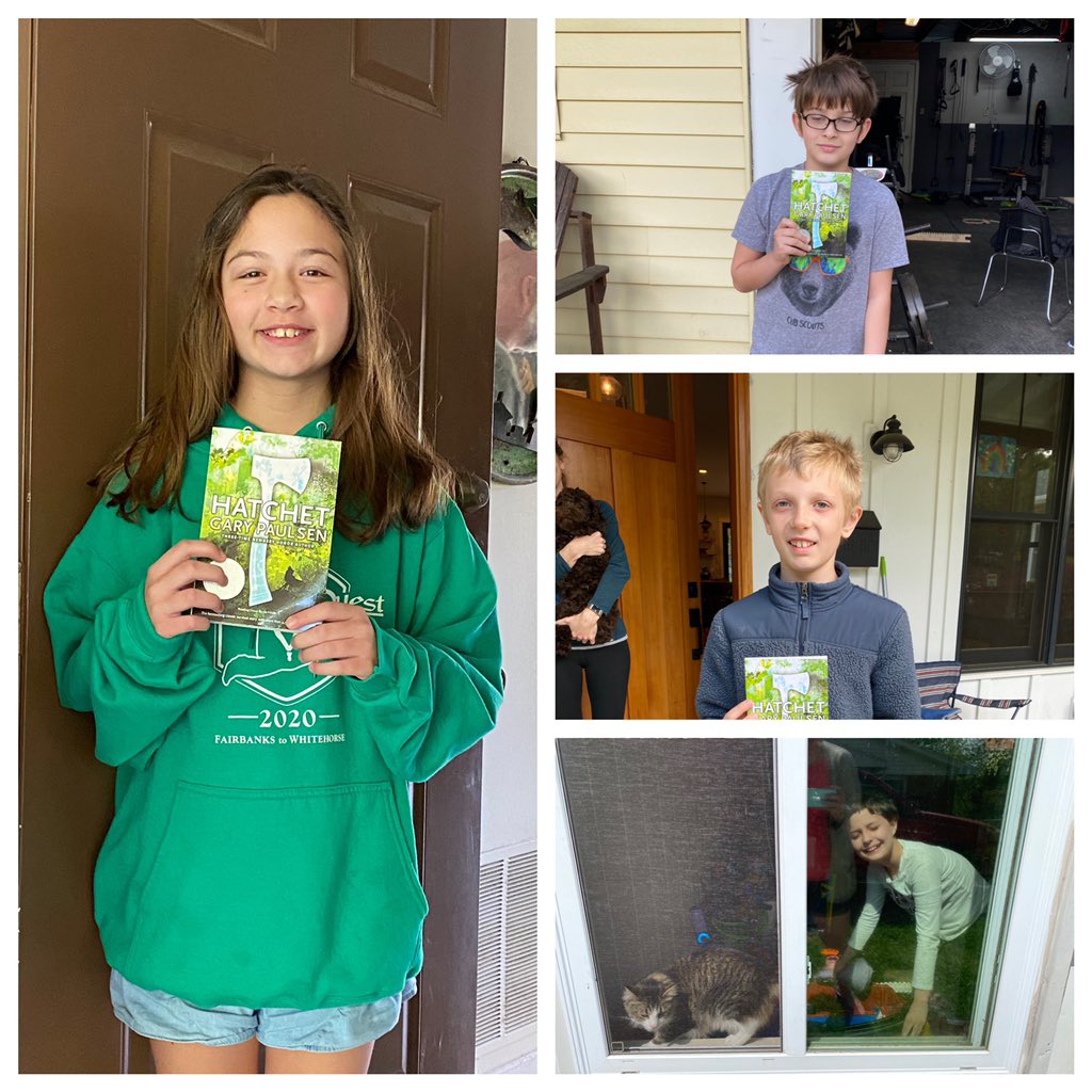 fandemama's tweet photo. I got to see my students ❤️❤️❤️ We start reading Hatchet on Monday and it was important to me that everyone had a copy of the novel. Spring Break Delivery service. Thanks @BookmarksNC for getting the books and supporting my @MooreMagnetES students. @smgaillard https://t.co/7nqW5T83py