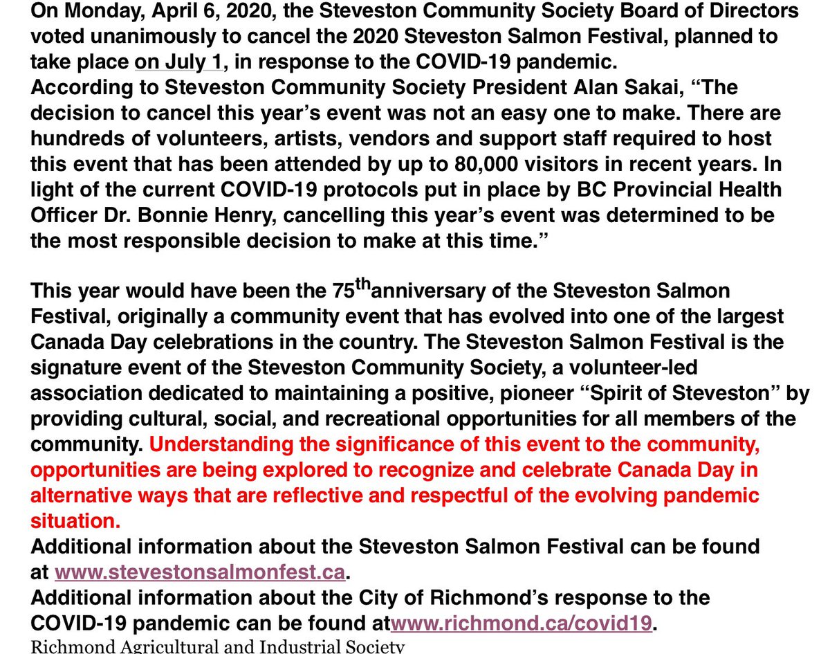 It’s with regret that we are announcing the cancellation of what would have been our 75th annual Steveston Salmon Festival. Thank you to all of the hardworking volunteers and SF team for all you do. Stay tuned for how we can celebrate July 1st this year a little differently 🇨🇦