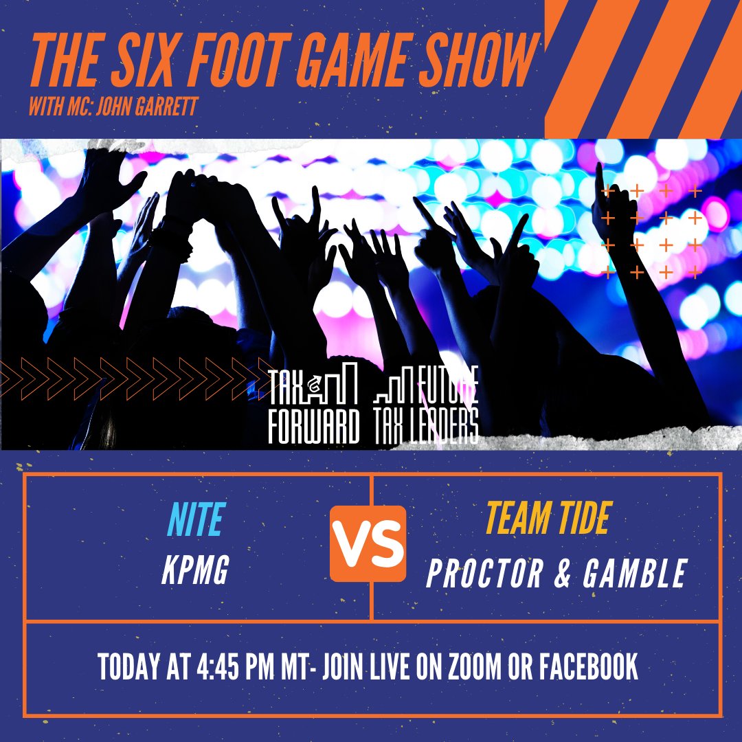 FutureTaxLeadrs's tweet photo. 4:45 pm MT head to head match between NITE vs Team Tide. Any bets?!

https://t.co/TxWd62M4x6…

HEAD TO HEAD! Join us LIVE today as we have the 2nd prelim round of The Six Foot Game Show.
@KPMG @proctergamble
 # #TaxDay #TaxTwitter #Taxforward https://t.co/csP8Gn9Gwf