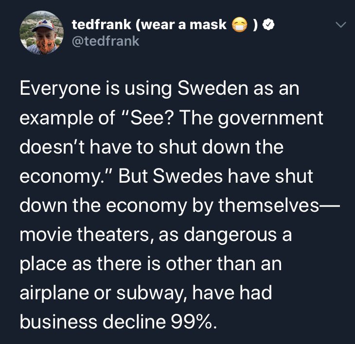 OpenTable bookings had declined 70% before US restaurants were closed.Swedish movie theaters are open but revenues are down 90%.“When will government open up the economy?” is the wrong question. Open doors and no customers is not an economy!