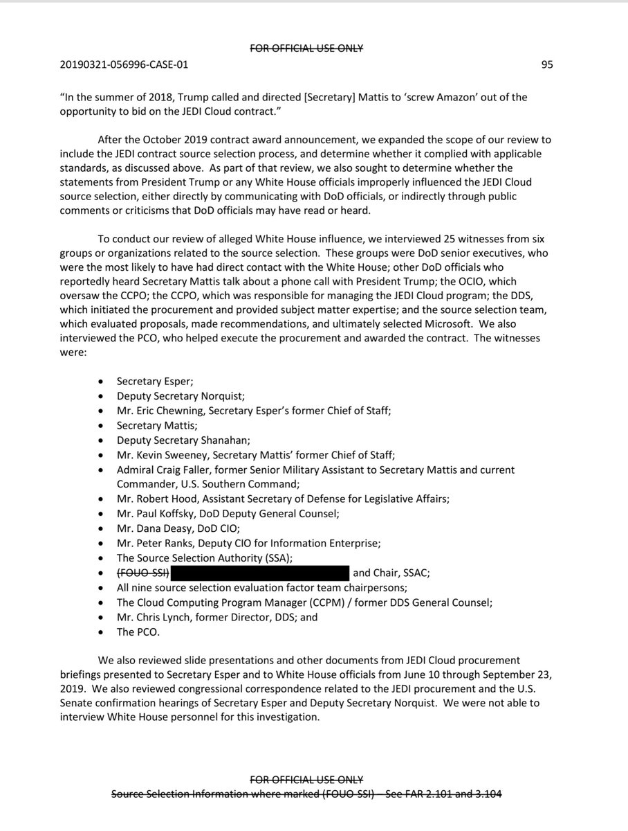 I now refer you to pages 94 et seq - those that said I was wrong about Mattis - when I asserted I have/had ZERO reason to believe he isn’t a patriot.I always provide you docsMoreover if I’m stating an opinion v fact I let you knowShall we debate again? https://media.defense.gov/2020/Apr/15/2002281438/-1/-1/1/REPORT%20ON%20THE%20JOINT%20ENTERPRISE%20DEFENSE%20INFRASTRUCTURE%20(JEDI)%20CLOUD%20PROCUREMENT%20DODIG-2020-079.PDF