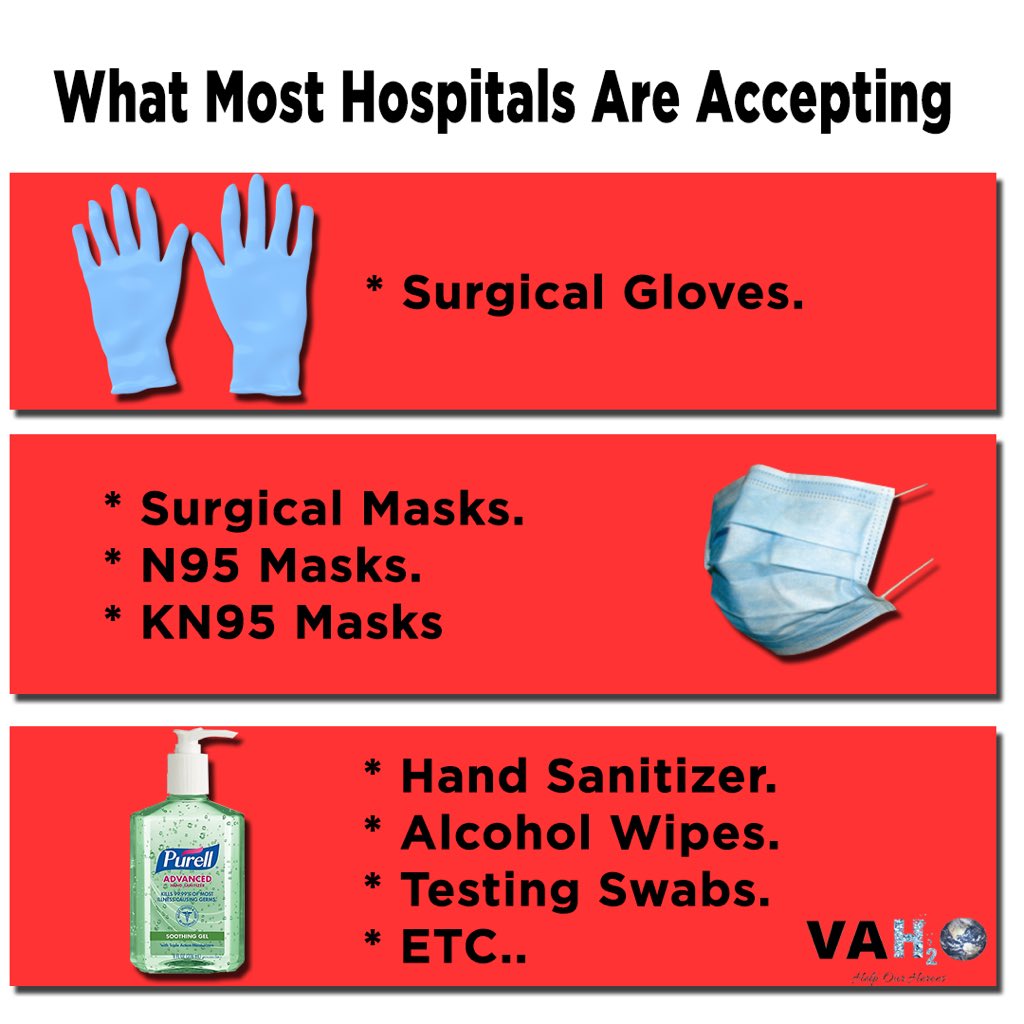 VA_H2O's tweet image. These are some of the items most hospitals are accepting, before you donate make sure to visit their website to see what they can and can’t take as a donation. #VAH2O #virginia #covid19