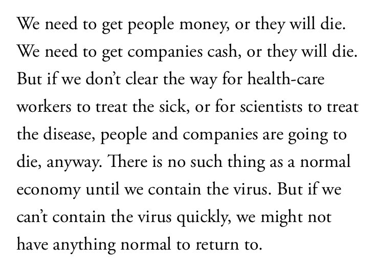 Pandemic Economics Rule #4: In a pandemic, the business of America is not business; it’s public health. Without cash, people will die. Without loans, companies will die. Without a public health fix, people and companies will die anyway.  https://www.google.com/amp/s/amp.theatlantic.com/amp/article/609265/