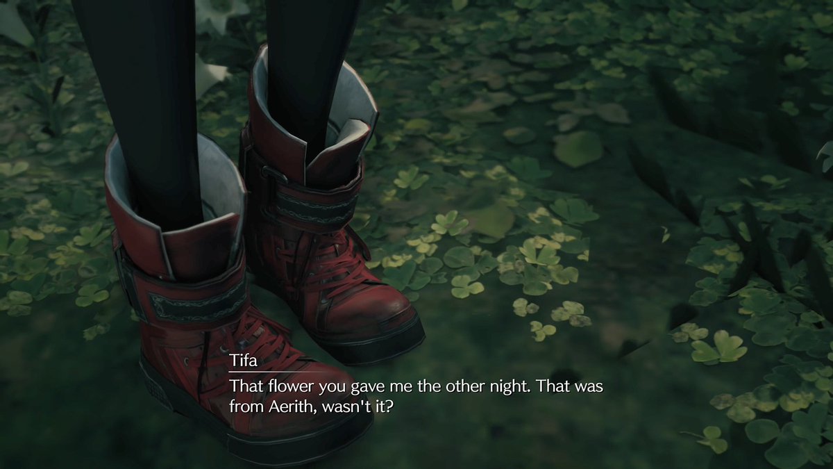 I just noticed a parallel between T's and  #Aerith's Resolution Scenes.When they're about to bring up something that pains them, we pan to their feet. And then when they finish saying it,  #Cloud's expression and silence confirm their words.