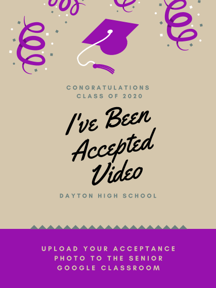 daytonbroncos1's tweet photo. Attention class of 2020-Bronco Media Department is creating an "I've Been Accepted!" video for srs. 
An assignment will be created in the Senior Google Classroom for students to upload pics of the college/technical school/military branch etc where they will be going after grad https://t.co/ZcQs2EsZqd