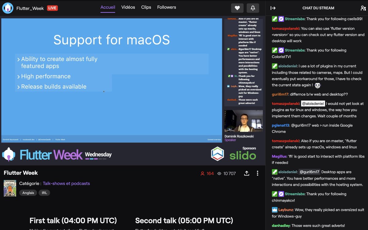 FlutterWeek's tweet image. Right now on Twitch : &quot;Flutter for desktop - what is it good for?&quot; 🖥️🖱️ by @OrestesGaolin 
  
Join us 👉 twitch.tv/flutter_week