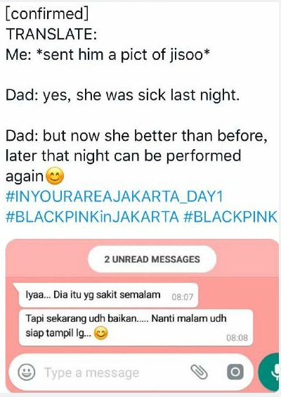 5. A concerned fan in Jakarta posted a convo about Jisoo being sent to the hospital right after their concert. She was sent the hospital because of fatigue.