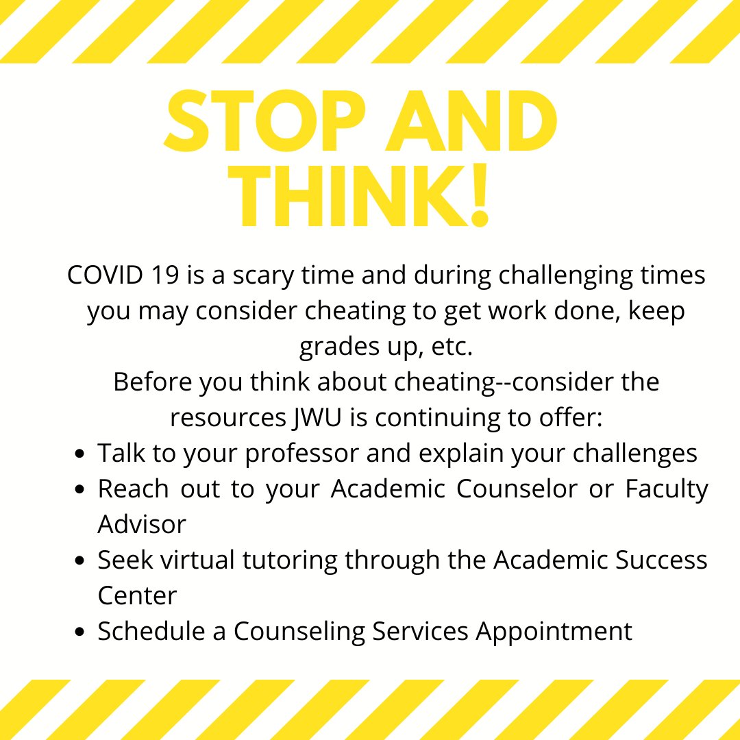 JWUPVDConduct's tweet photo. Midterms are here, and we want to support you. We know this is a hard time and JWU supports you. Before you cheat--ask for help, connect with a resource, talk it out. Stop and Think--Connect and Don't Cheat! https://t.co/V2xG1IXEfl