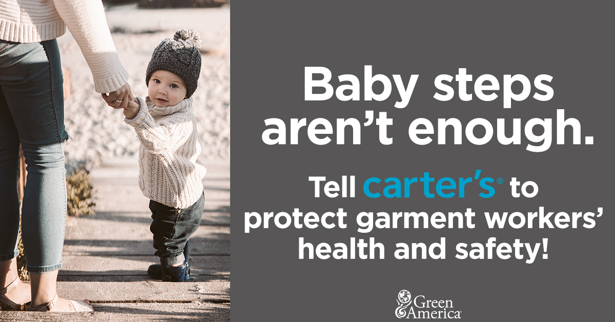 GreenAmerica's tweet photo. After mounting consumer pressure, Carter’s takes first step to end #toxictextiles, but baby steps aren’t enough. Carter’s must respect workers’ rights to health and safety. Take action today! https://t.co/po3d4uXnN8
#Carters #workersafety #laborjustice #greenliving https://t.co/Y2BpwCDZ7F