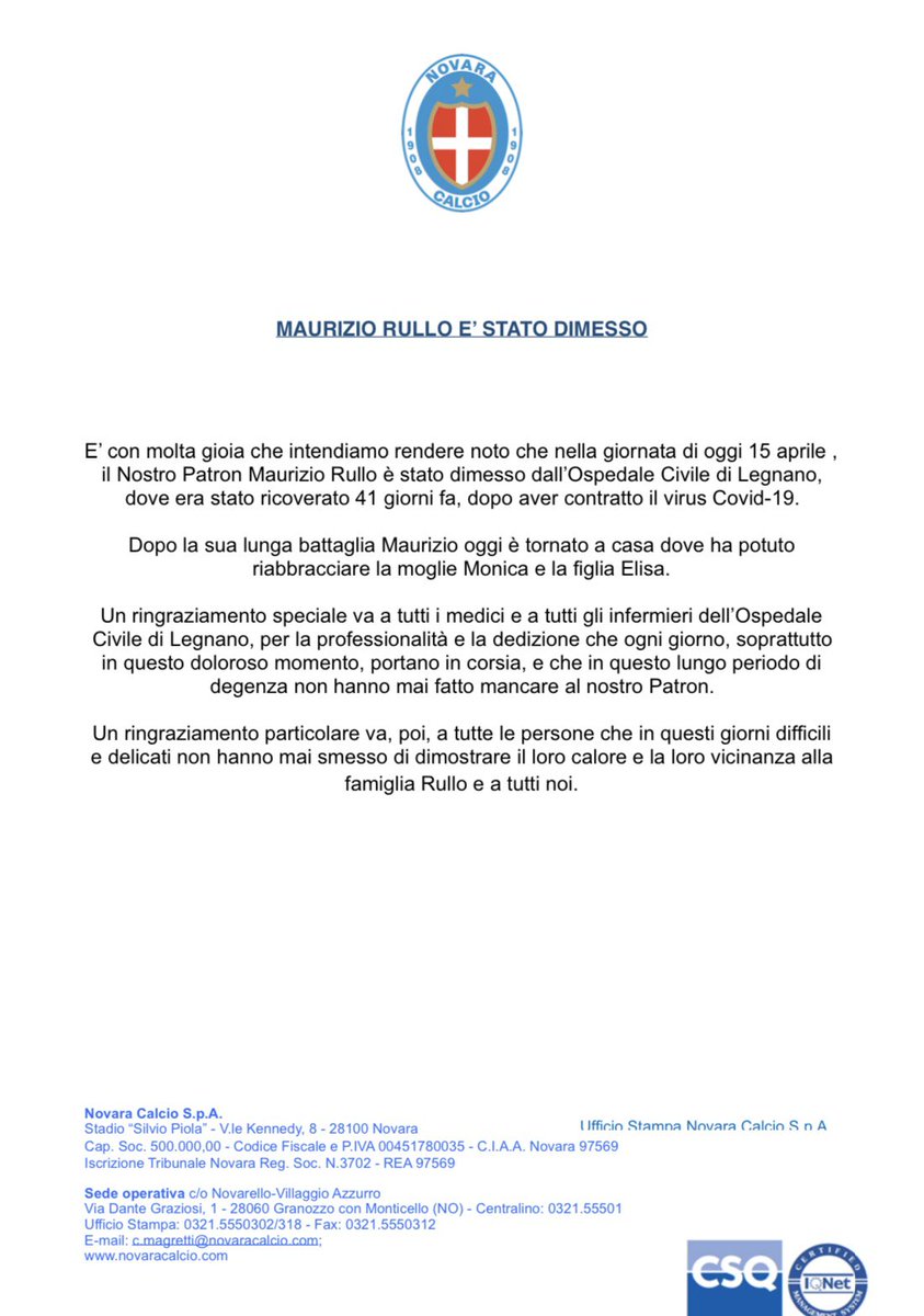 Novara__1908's tweet photo. Il nostro Patron Maurizio #Rullo è tornato a casa, ha vinto la sua battaglia contro il virus ed oggi ha finalmente potuto riabbracciare la sua famiglia.
.
.
#BentornatoMaurizio
#ForzaNovara💙 https://t.co/K5I81mmrWJ
