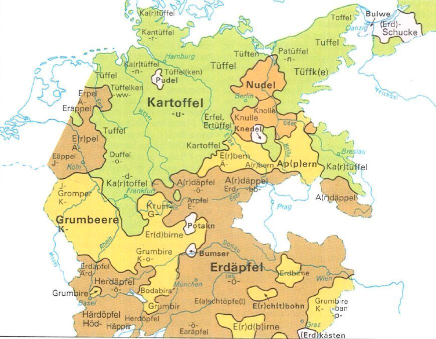 simongerman600's tweet photo. This pre-1945 map shows the word for "potato" in several German dialects. Today I am pretty sure that Kartoffel is used universally in all of Germany. As far as I know Austria still sticks with Erdapfel. Is that correct? Source: https://t.co/YS97qnVogM https://t.co/cFuBPovcPw