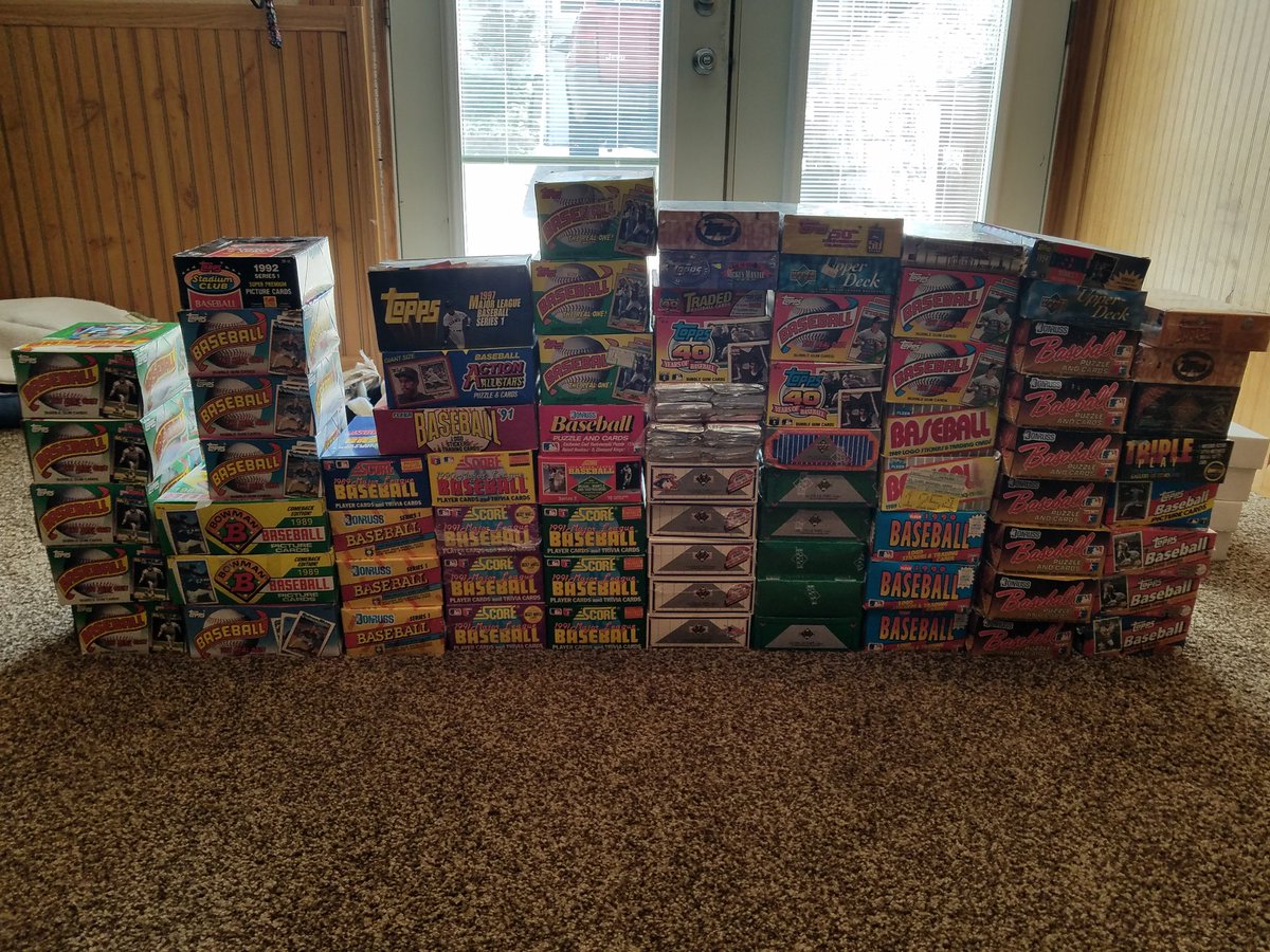 CardsCtb's tweet photo. Alright boys and girls I'm getting ready to unload a lot of unopened wax, cello, and rack packs and boxes.  Years range from 1982 thru 1996.  Including 82 Topps wax box, 2 shoeboxes of 85 Topps, Fleer, and Donruss wax packs, &amp; more.  I'd really appreciate a retweet, thanks. https://t.co/cQIXppoSQx