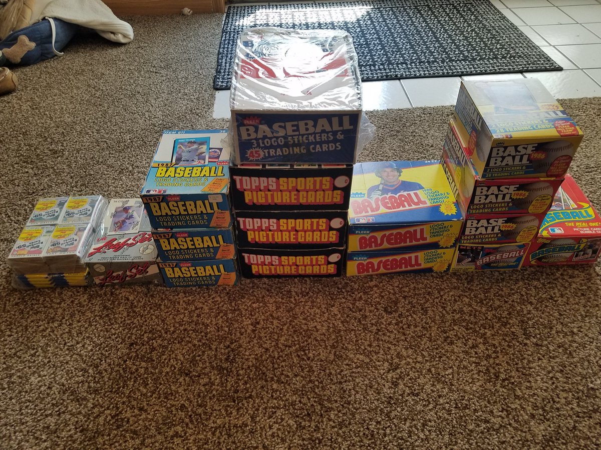 CardsCtb's tweet photo. Alright boys and girls I'm getting ready to unload a lot of unopened wax, cello, and rack packs and boxes.  Years range from 1982 thru 1996.  Including 82 Topps wax box, 2 shoeboxes of 85 Topps, Fleer, and Donruss wax packs, &amp; more.  I'd really appreciate a retweet, thanks. https://t.co/cQIXppoSQx