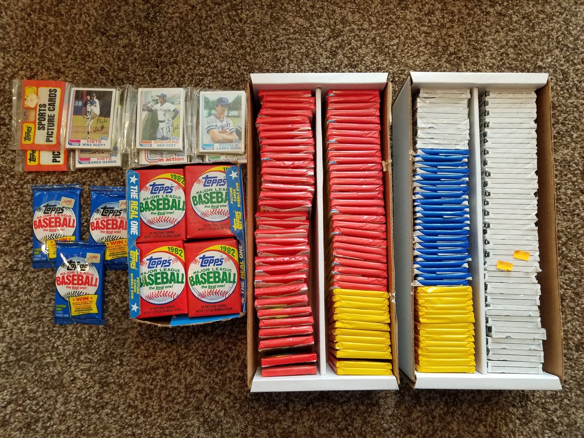 CardsCtb's tweet photo. Alright boys and girls I'm getting ready to unload a lot of unopened wax, cello, and rack packs and boxes.  Years range from 1982 thru 1996.  Including 82 Topps wax box, 2 shoeboxes of 85 Topps, Fleer, and Donruss wax packs, &amp; more.  I'd really appreciate a retweet, thanks. https://t.co/cQIXppoSQx