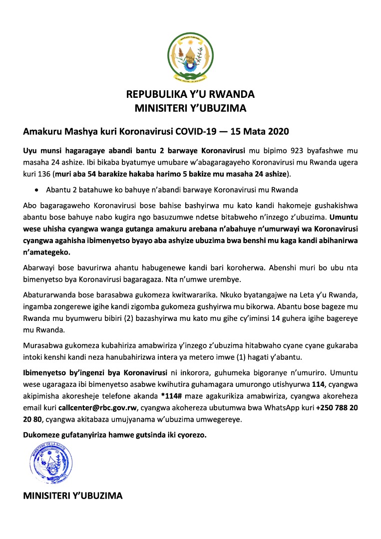 RwandaHealth's tweet photo. 15.04.2020
Amakuru Mashya kuri Koronavirusi COVID-19 / Update on COVID-19 Coronavirus / Mise à Jour sur le Coronavirus COVID-19 https://t.co/MR41Wi6Dhq