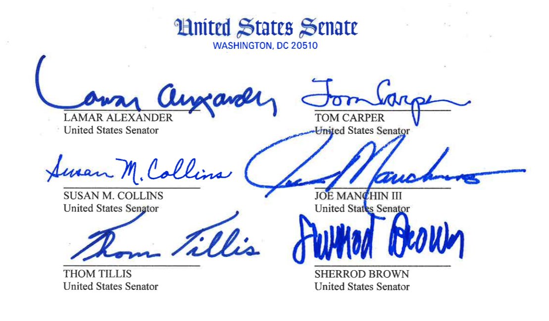 Last year, a bipartisan group of Senators wrote to the EPA Administrator "We strongly oppose any action that could lead to the undoing of the Mercury Rule" 8/  https://www.alexander.senate.gov/public/_cache/files/19d7d59f-8a58-468b-85d7-248bd26ecc7d/dear-administrator-wheeler-final-w-signatures.pdf