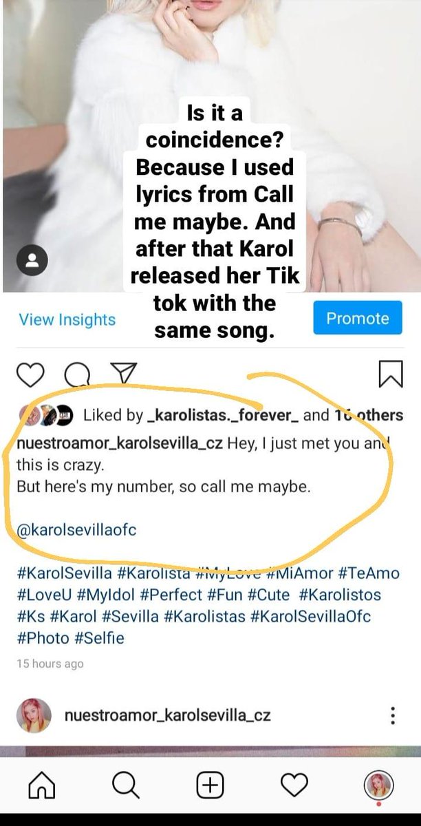 checa_kate's tweet photo. He publicado una publicación y utilicé letras de Call me maybe. Y luego Karol publicó su Tik tok con la misma canción. 😮 @karolsevilla, leees mis pensamientos? 😵❤️ https://t.co/bQ8pNhEcU4