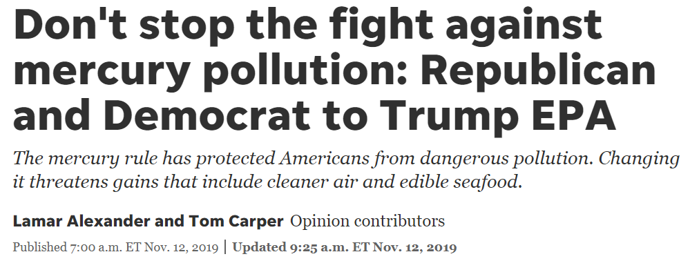 MATS enjoys strong and vocal bipartisan support including  @SenAlexander &  @SenatorCarper 7/  https://www.usatoday.com/story/opinion/2019/11/12/trump-epa-keep-mercury-pollution-rule-keep-america-healthy-column/4156901002/