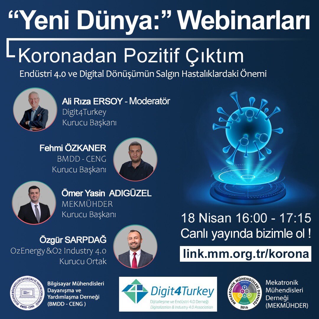 Bu Cumartesi öğleden sonra kahvelerinizi içerken bize eşlik etmeye ne dersiniz?

Sn. <a href="/AliRizaERSOY/">Ali Riza ERSOY</a> moderatörlüğünde; <a href="/o2_industry/">O2 Industry 4.0</a> kurucu ortağı Özgür SARPDAĞ ‘ın da konuşmacı olduğu webinarda #Covit19 &amp; #Dijital #Dönüşüm konuşulacak.