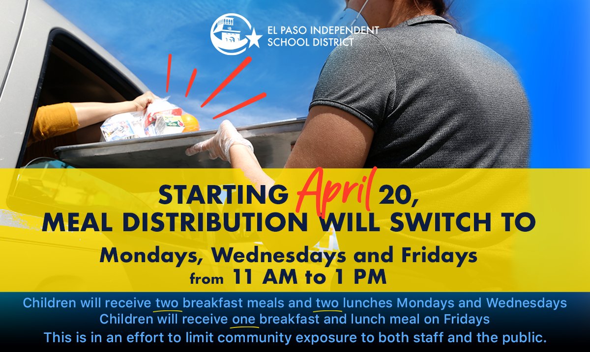 To reduce the risk of COVID-19 exposure for cafeteria workers and families, starting on Monday meal distribution will be done on Mondays, Wednesdays &amp; Fridays. Don’t worry, you’ll get breakfasts and lunches for the whole week. Find out more ➡️ bit.ly/2Va3X96 🥘🍔🥛