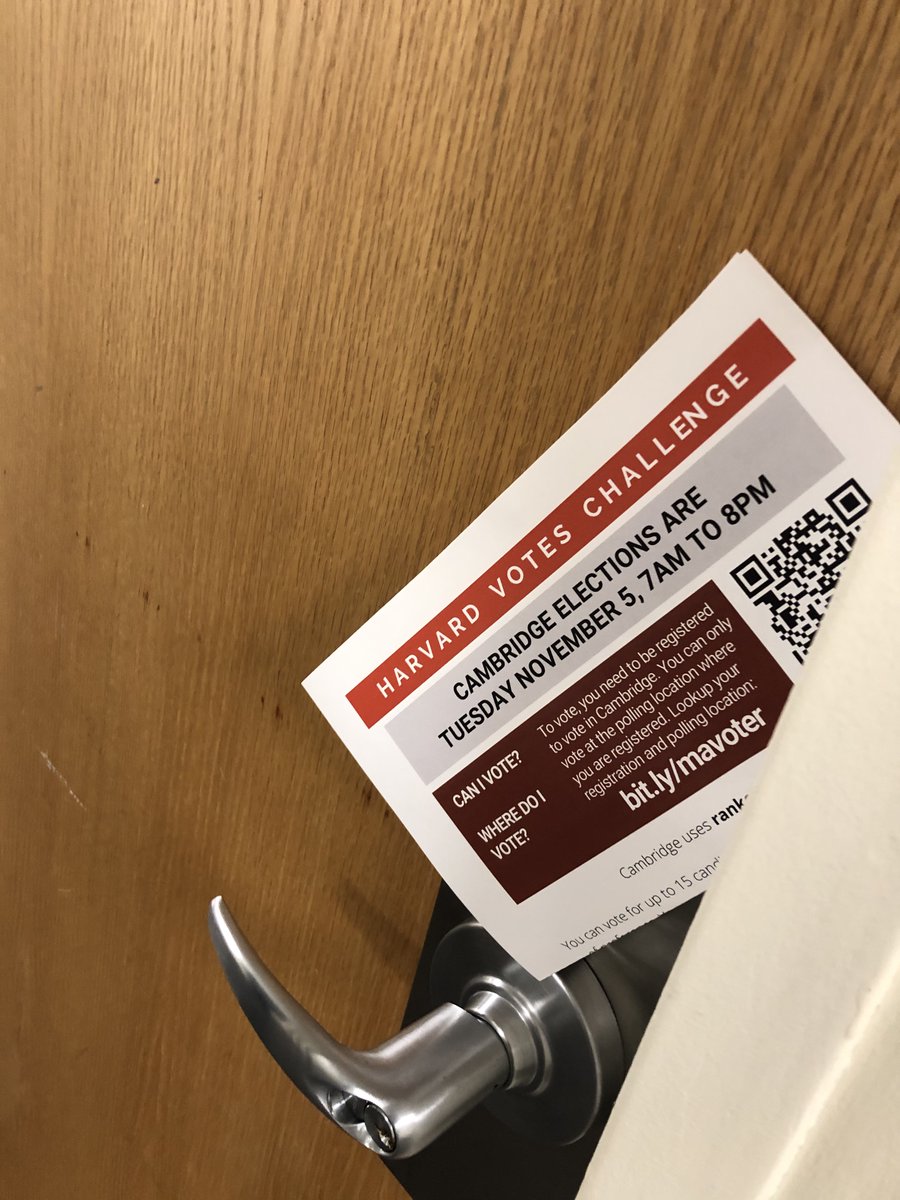 A5: At  @Harvard College, when students picked up their HUIDs and keys during orientation, they also had a conversation about voting (and help with reg forms). During the year, organizers go door-to-door to confirm E-day plans and print out absentee ballot request forms.  https://twitter.com/SLSVCoali...