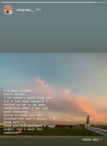 7. Jisoo went missing days after. We didn't see her hanging out with the girls on Coachella. She broke her mini hiatus by posting an instagram story (also in ch+) this message for blinks that were worried about her. 