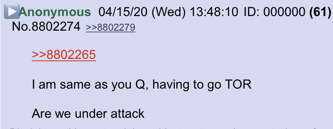 !!NEW Q - 3965!!13:48:57 EST Q replies to an Anon regarding the Q Research board being under attack. Anon:I am same as you Q, having to go TORAre we under attackQ:Always.Q #QAnon  #BoardAttack