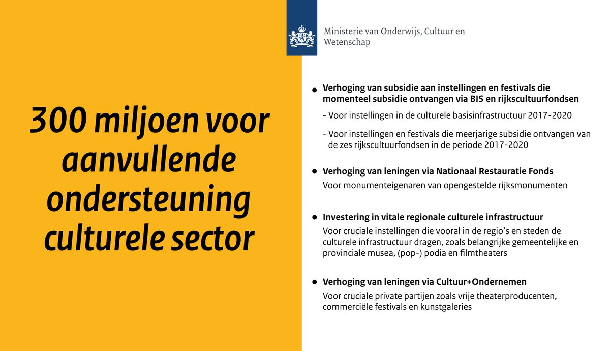Het kabinet stelt €300 mln extra beschikbaar voor cultuursector. Hiermee worden cruciale culturele instellingen door de financieel zware eerste maanden van de #coronacrisis heen geholpen. Ook kan hierdoor de werkgelegenheid zoveel mogelijk worden behouden bit.ly/_cultuur