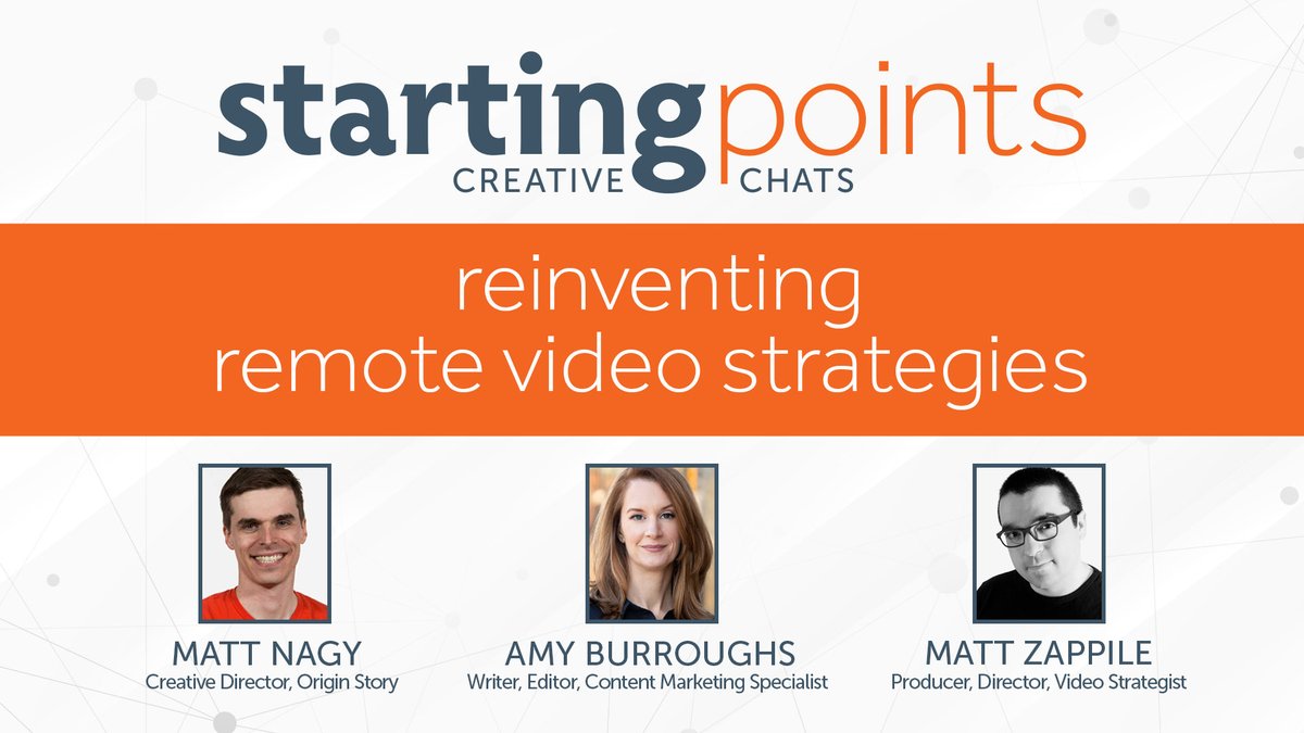 originstorycc's tweet photo. Next Tuesday,@matthewsnagy will be debuting our first in a new series of creative chats with professionals across the #content creation industry. First up is a conversation with @AmyBurroughs1 and @mmzappile on reinventing #remotevideo strategies. https://t.co/6mfIutoxmM