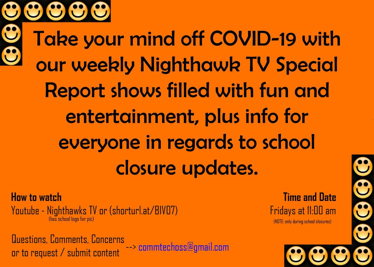Weekly Shows to help take your minds off of COVID-19 from Nighthawks TV in Orillia. For all: please join Fridays at 11am weekly starting this Friday. <a href="/OSSAnnouncement/">OSS Announcements</a> <a href="/SCDSB_Schools/">Simcoe County District School Board</a> <a href="/techie168/">SCDSB TECHED</a>