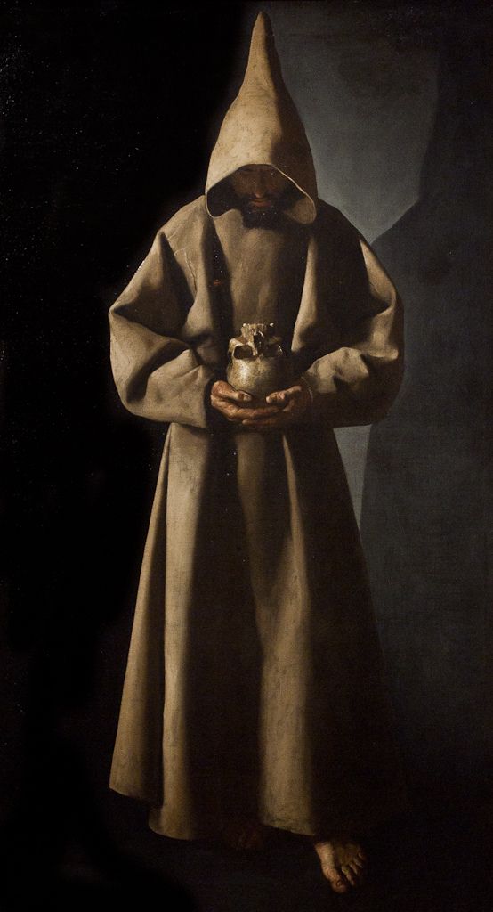 'Saint Francis of Assisi in His Tomb' is a 1634 painting by Francisco de Zurbarán where the saint is depicted holding a skull in his hands, that is a meditation on death, a spiritual exercise serving as a stark reminder of our human finitude, vanity & Christ’s crucifixion.