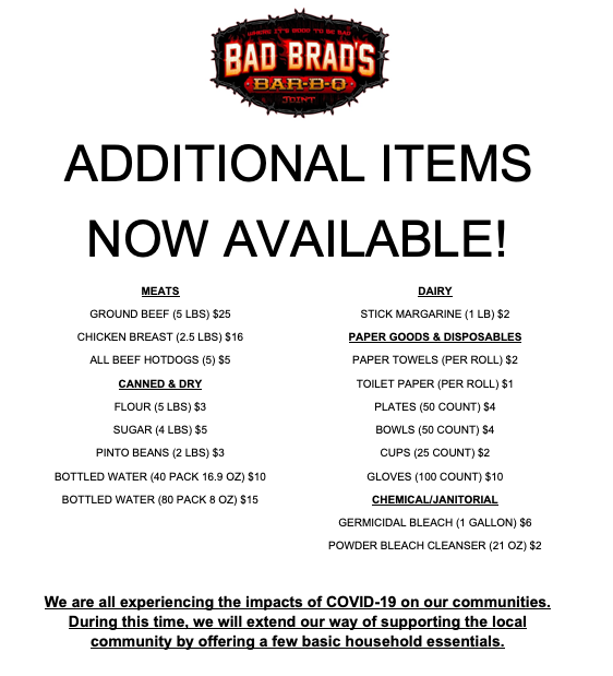 Can’t find flour or paper goods? During the COVID-19 restrictions, our food &amp; supplies vendor is providing us the opportunity to offer some basic household essentials to our customers. Give us a call at 405-354-2122 for more information.