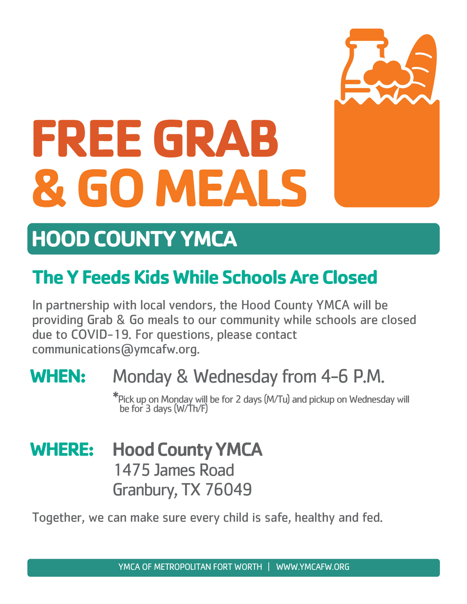 REMINDER - Hood County YMCA is providing free evening meals every Monday and Wednesday from 4-6pm. The Y is located at 1475 James Road across from Acton Middle School.