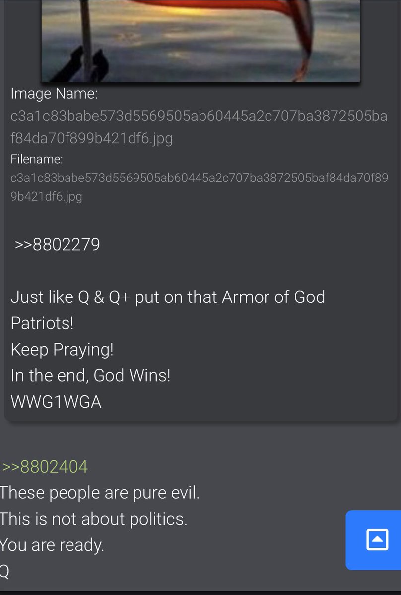 3967- Just like Q & Q+ put on that Armor of God Patriots! Keep Praying!In the end, God Wins!WWG1WGAThese people are pure evil.This is not about politics. You are ready.Q