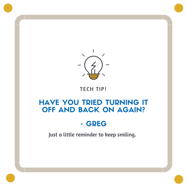 PACT_ONE's tweet photo. At a time like this, a smile goes a long way! Tech Tip of the week, remember to smile and if for any of your IT needs call Pact-One Solutions. That is if turning it on and off again doesn't work out. 😅 #TechTip #PactOne #KeepSmiling #DentalIT https://t.co/jN95Ga6aCv